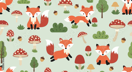 Cartoon Vector Pattern with Fox Mushroom Tree Elements Cute Woodland Style Design