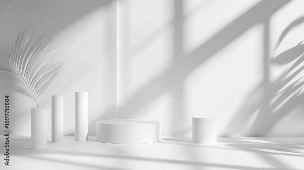 Fototapeta premium Minimalist white product display with palm leaf shadows and cylindrical stands