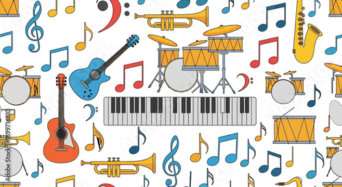 Musical Instrument Vector Pattern with Guitar Drums Piano Notes Trumpet and Saxophone Illustration for Music Design