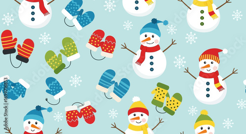 Winter Vector Pattern with Snowman and Mittens Illustration on Light Blue Background