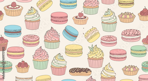 Sweet Vector Pattern with Cupcakes Macarons and Pastries in Pastel Colors Hand Drawn Style