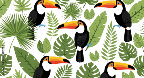 Tropical Vector Pattern with Toucans and Green Leaves for Summer Design Modern Style