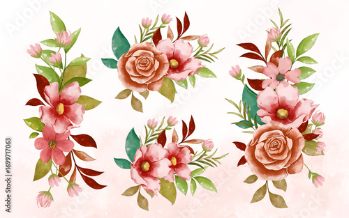 Beautiful watercolor floral arrangements with delicate pink and peach blossoms