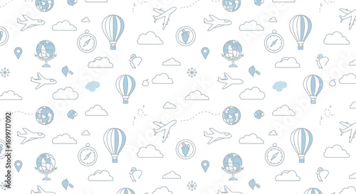 Travel Vector Pattern with Airplanes Globes Hot Air Balloons and Clouds in Blue and White Modern Background