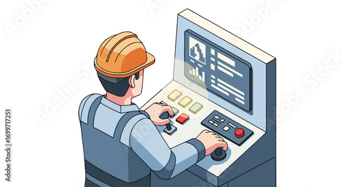 Control Room Engineer Vector Art – Industrial Worker Using Control Panel contruction in Flat Cartoon Illustration for Plant, Machinery, and Automation Industry