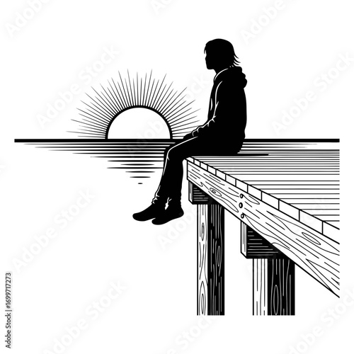 ack and white vector illustration of a person sitting on a wooden pier enjoying the sunset. Plain white background.
