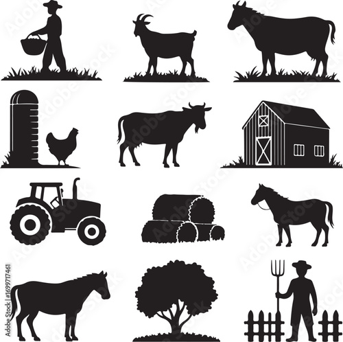 Farm Silhouettes Including Farmer Tractor Barn Animals And Tree Keywords: farm, agriculture, farmer