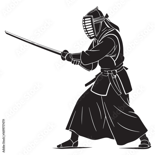 Black kendo japan samurai swordsmanship Silhouette Vector, High Quality Illustration on White Background