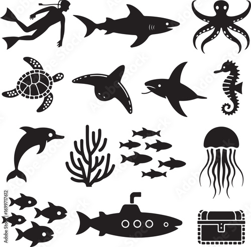 Assortment of marine animals, diving equipment, and nautical vessels Keywords: scuba diver, shark