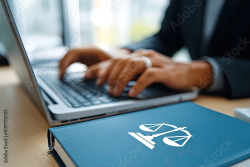 Close-up of lawyer working on laptop.  Legal book with scales of justice