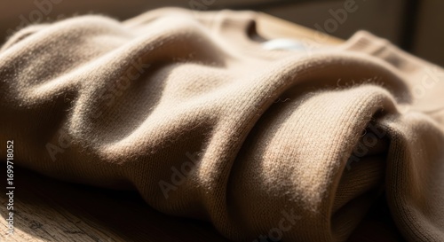 Close-up of folded cashmere sweater on wood surface, cozy aesthetic