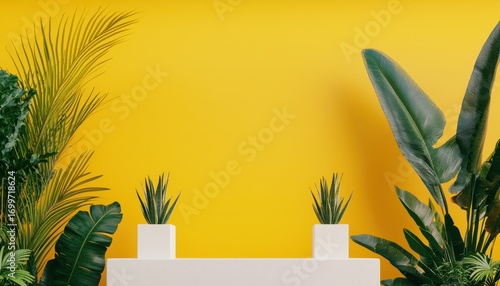Green Plants Against Bright Yellow Background for Modern Decor