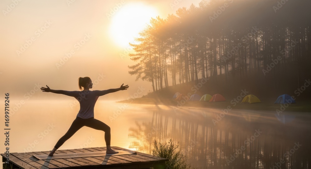 Fototapeta premium Woman practicing yoga warrior pose on a wooden pier at sunrise with misty lake and forest