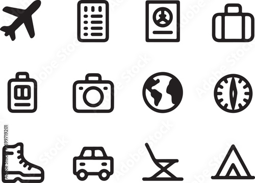 Travel icons representing adventure, journey, vacation, and exploration