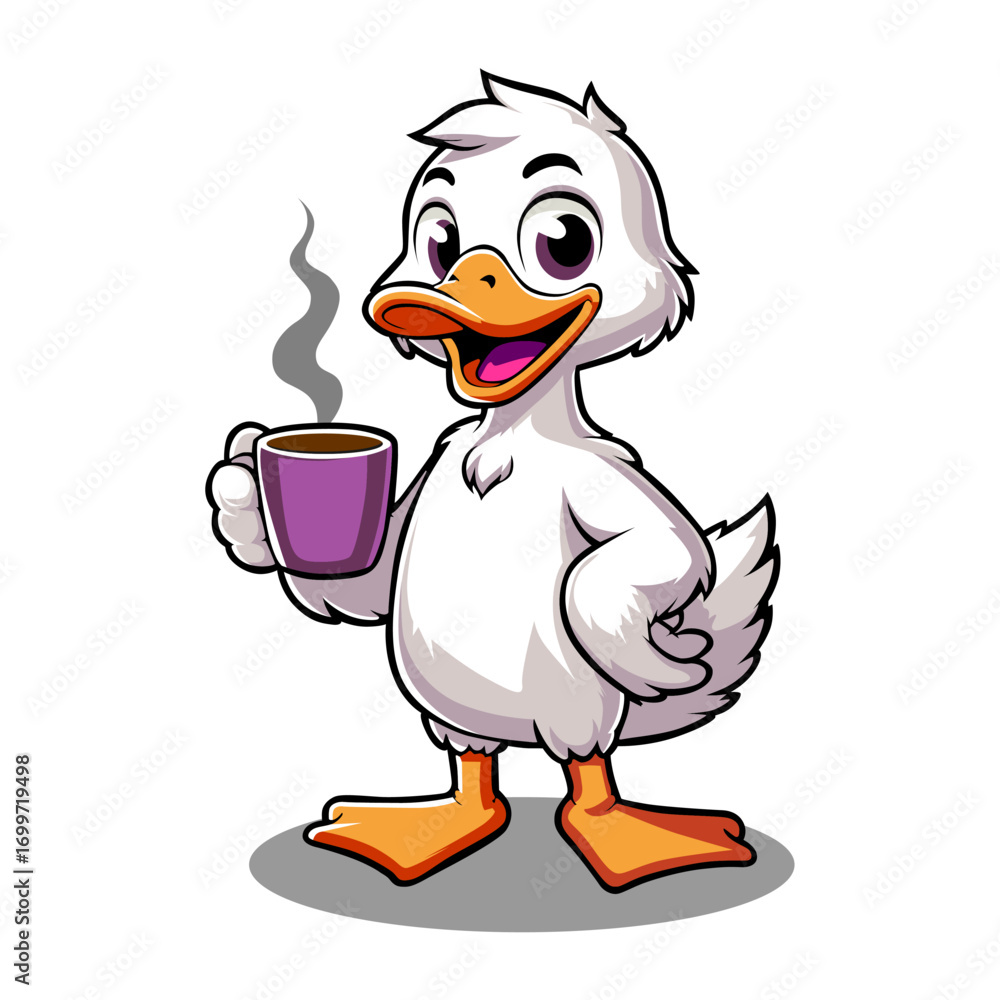 Obraz premium Cheerful Cartoon Duck with Coffee Cup