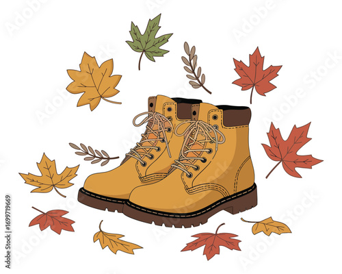 An illustration of a pair of yellow hiking boots surrounded by colorful autumn leaves