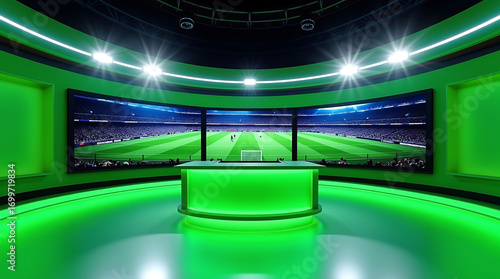 Modern green sports studio with large curved screen showing soccer stadium television broadcast