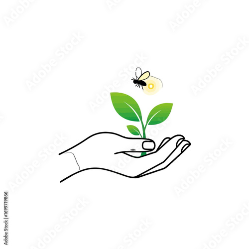 Hand holding a small green plant with a bee hovering above, symbolizing growth and nature's balance