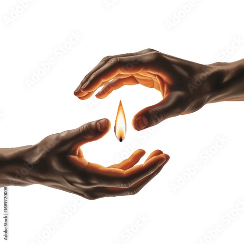 Hands gently cradling a small flame, symbolizing hope and warmth in a serene, isolated setting