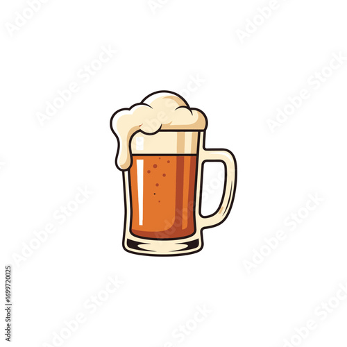 Illustration of a frothy beer mug filled with amber liquid, set against a plain white background