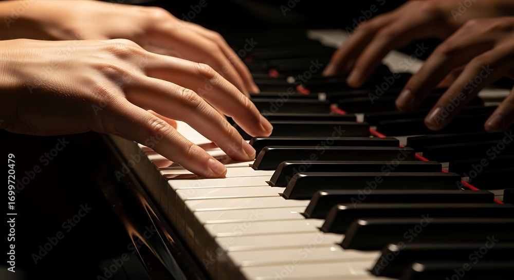 Fototapeta premium A musician's hands gracefully glide across the piano keys, expressing deep artistic passion and creating a soulful melody