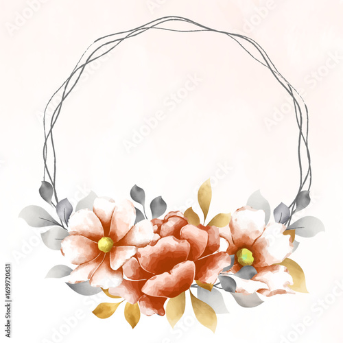 Elegant watercolor floral wreath with delicate twig frame for invitations