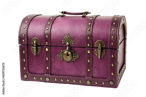 Vintage purple treasure chest with brass accents and leather details for elegant storage decor