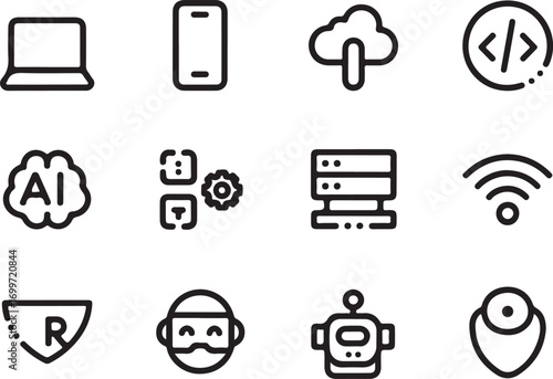 Modern tech icons representing AI, cloud computing, and innovation