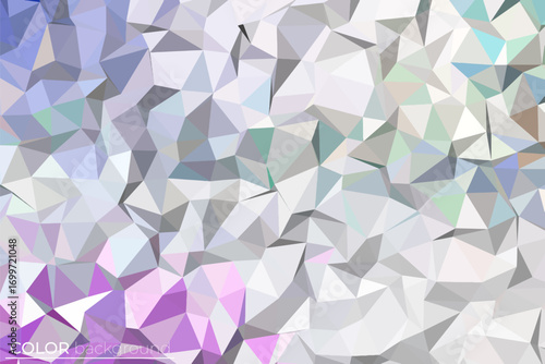 Abstract polygonal background design with a shimmering crystal effect created by geometric triangles in shades of purple, blue, and grey
