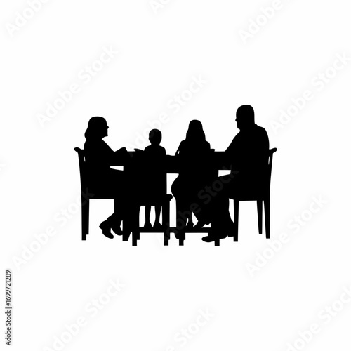 Family members silhouette laughing at dining table isolated on white background