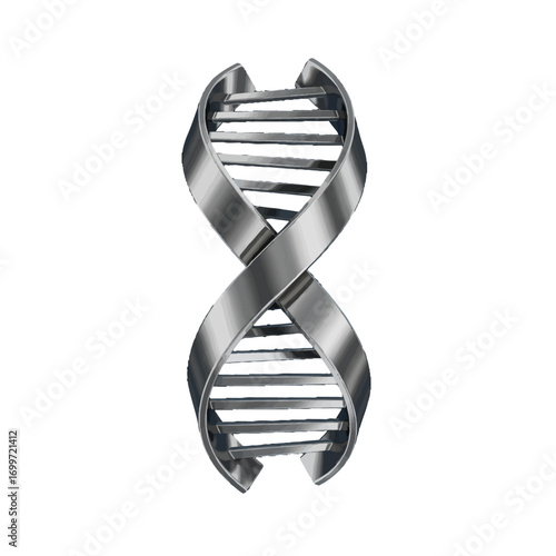 Metallic DNA double helix sculpture representing genetic innovation with a clean background