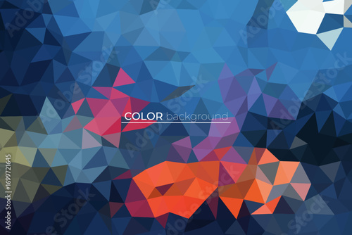 Dynamic abstract background featuring a colorful low-poly pattern with a mix of blue, orange, and purple geometric triangles for modern digital art