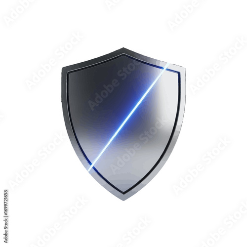 Metallic shield with a blue light streak, symbolizing protection and security in a digital world