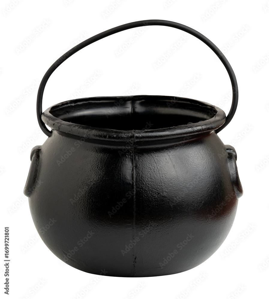 Fototapeta premium Black plastic cauldron with handle, isolated on white background, used as Halloween decoration or candy container.