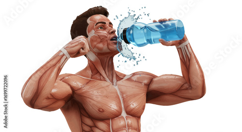 Muscular man drinking water with splashes, showcasing anatomy, in a clean, bright background