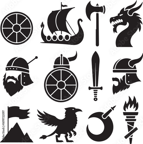 Viking Symbols Including Ship Axe Dragon And Warrior Helmet Keywords: viking, ship, longship