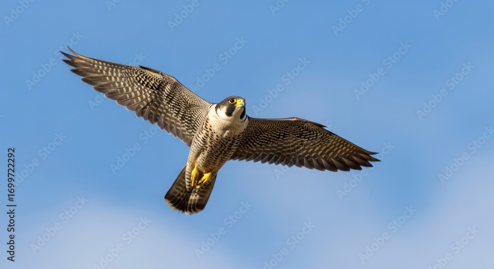 Fototapeta premium Peregrine Falcon in Flight: Majestic Soaring Against Azure Sky