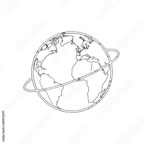 Outline of a globe with an orbiting ring, representing global connectivity and exploration