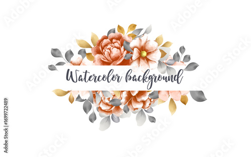Elegant Watercolor Floral Border, Peach, Gold, Gray Roses and Leaves