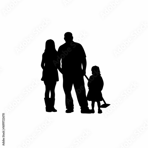 Family planting flowers on roadside silhouette beautifying community isolated on white background
