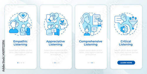 Listening skills blue onboarding mobile app screen. Mental health. Walkthrough 4 steps editable graphic instructions with linear concepts. UI, UX, GUI. Montserrat SemiBold, Regular fonts used