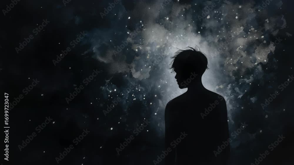 Silhouette of a person against a starry night sky, captured from a side angle. The dreamy, ethereal style evokes a cinematic video feel. Live desktop wallpaper. Silhouette of a person against a starry night sky, captured from a side angle. The dreamy, ethereal style evokes a cinematic video feel. Live desktop wallpaper.