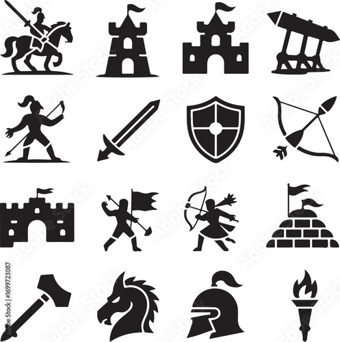 Medieval Knights and Castle Symbols Silhouette Collection Keywords: knight, horse, castle, tower