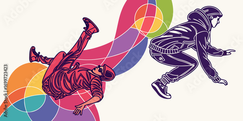 Two breakdancers in dynamic poses with colorful abstract shapes