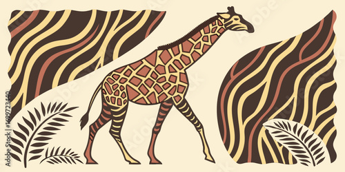 Giraffe with zebra pattern and tropical leaves in artistic style