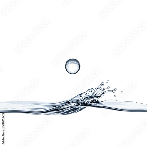 Water droplet splashing into calm surface, creating ripples against a white background