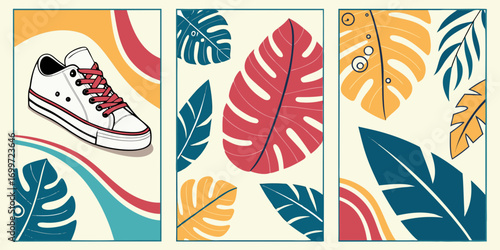 Triptych of a sneaker and tropical leaves in a retro style