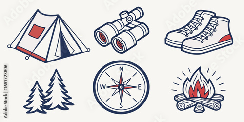 Camping gear set with tent, campfire, and compass
