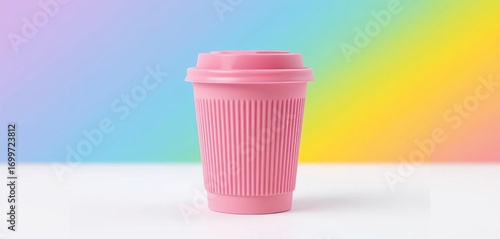 Pink disposable coffee cup with lid, sitting on a white background, empty, cafe