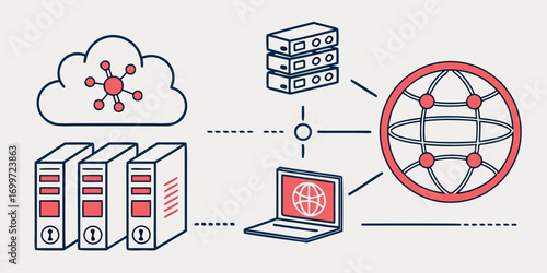 Network diagram with cloud, servers, laptop and globe